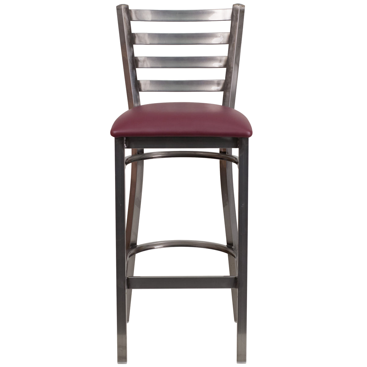 Burgundy Vinyl Seat/Clear Coated Metal Frame |#| Silver Antique Clear Coat Ladder Back Metal Restaurant Barstool-BURG Vinyl Seat
