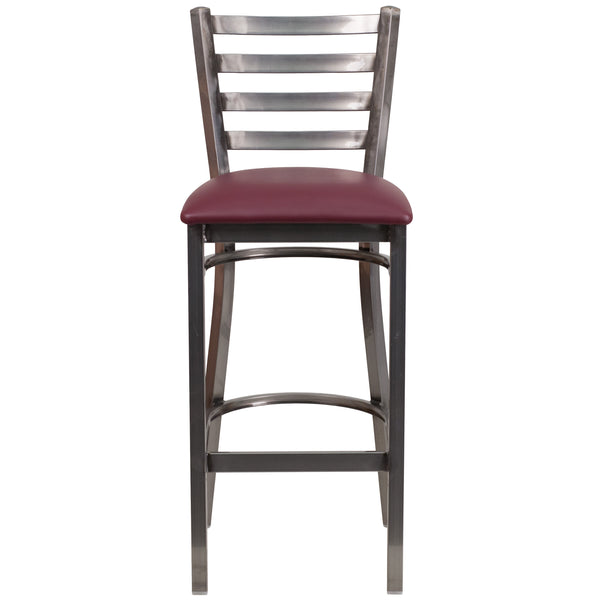 Burgundy Vinyl Seat/Clear Coated Metal Frame |#| Silver Antique Clear Coat Ladder Back Metal Restaurant Barstool-BURG Vinyl Seat