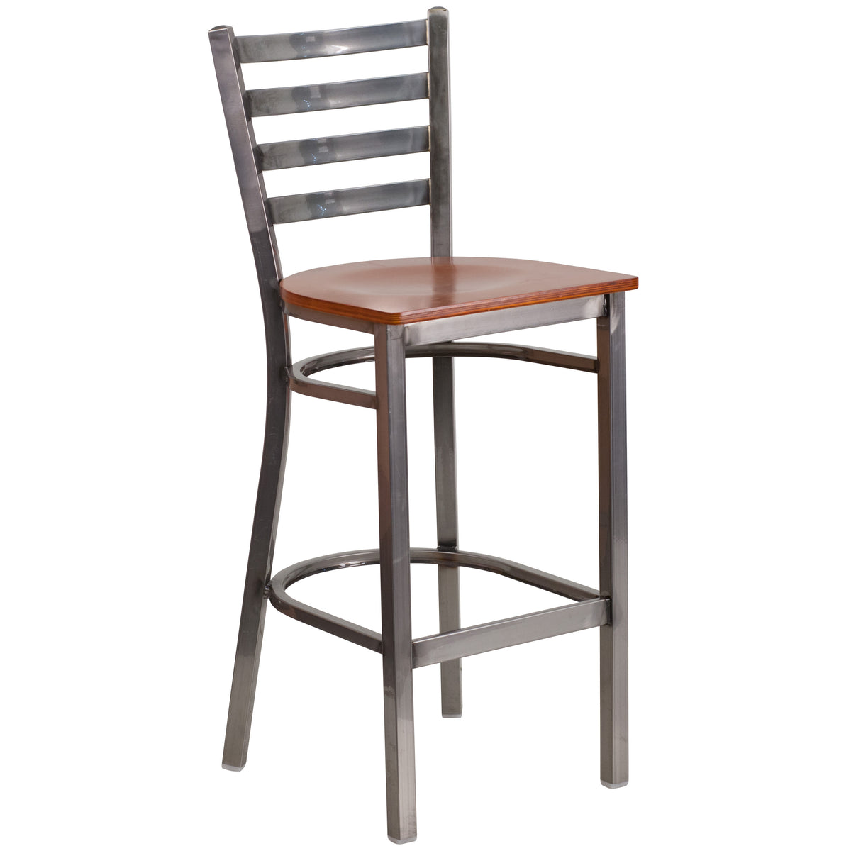 Cherry Wood Seat/Clear Coated Metal Frame |#| Silver Antique Clear Coat Ladder Back Metal Restaurant Barstool-Cherry Wood Seat