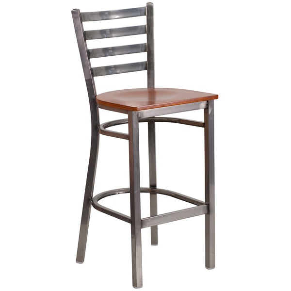 Cherry Wood Seat/Clear Coated Metal Frame |#| Silver Antique Clear Coat Ladder Back Metal Restaurant Barstool-Cherry Wood Seat