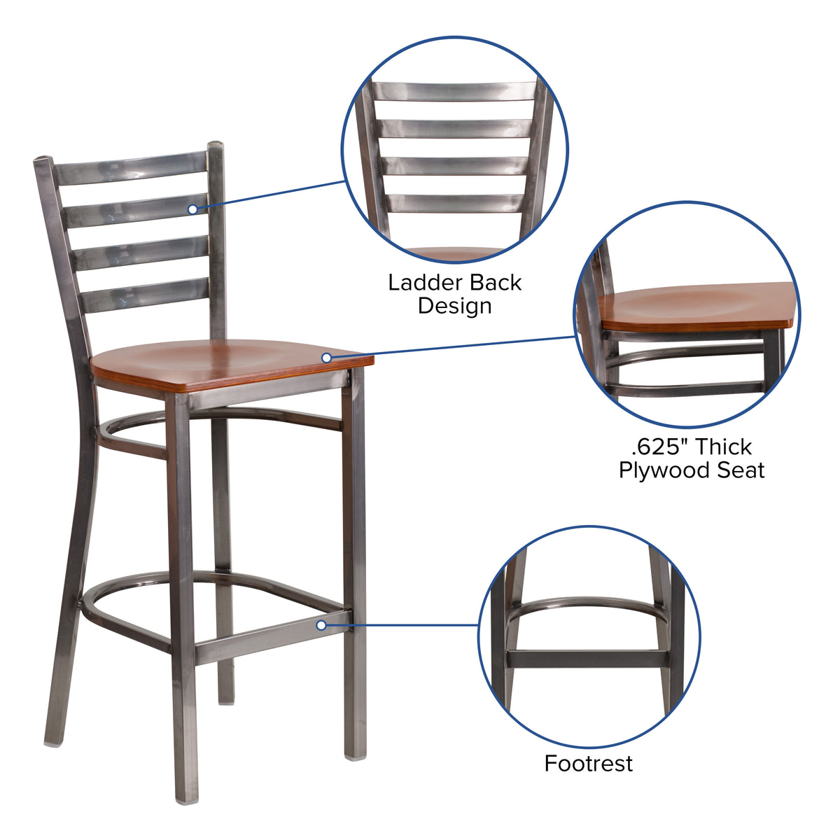Cherry Wood Seat/Clear Coated Metal Frame |#| Silver Antique Clear Coat Ladder Back Metal Restaurant Barstool-Cherry Wood Seat