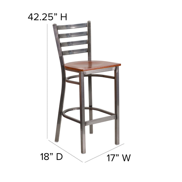 Cherry Wood Seat/Clear Coated Metal Frame |#| Silver Antique Clear Coat Ladder Back Metal Restaurant Barstool-Cherry Wood Seat