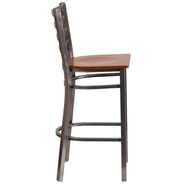 Cherry Wood Seat/Clear Coated Metal Frame |#| Silver Antique Clear Coat Ladder Back Metal Restaurant Barstool-Cherry Wood Seat