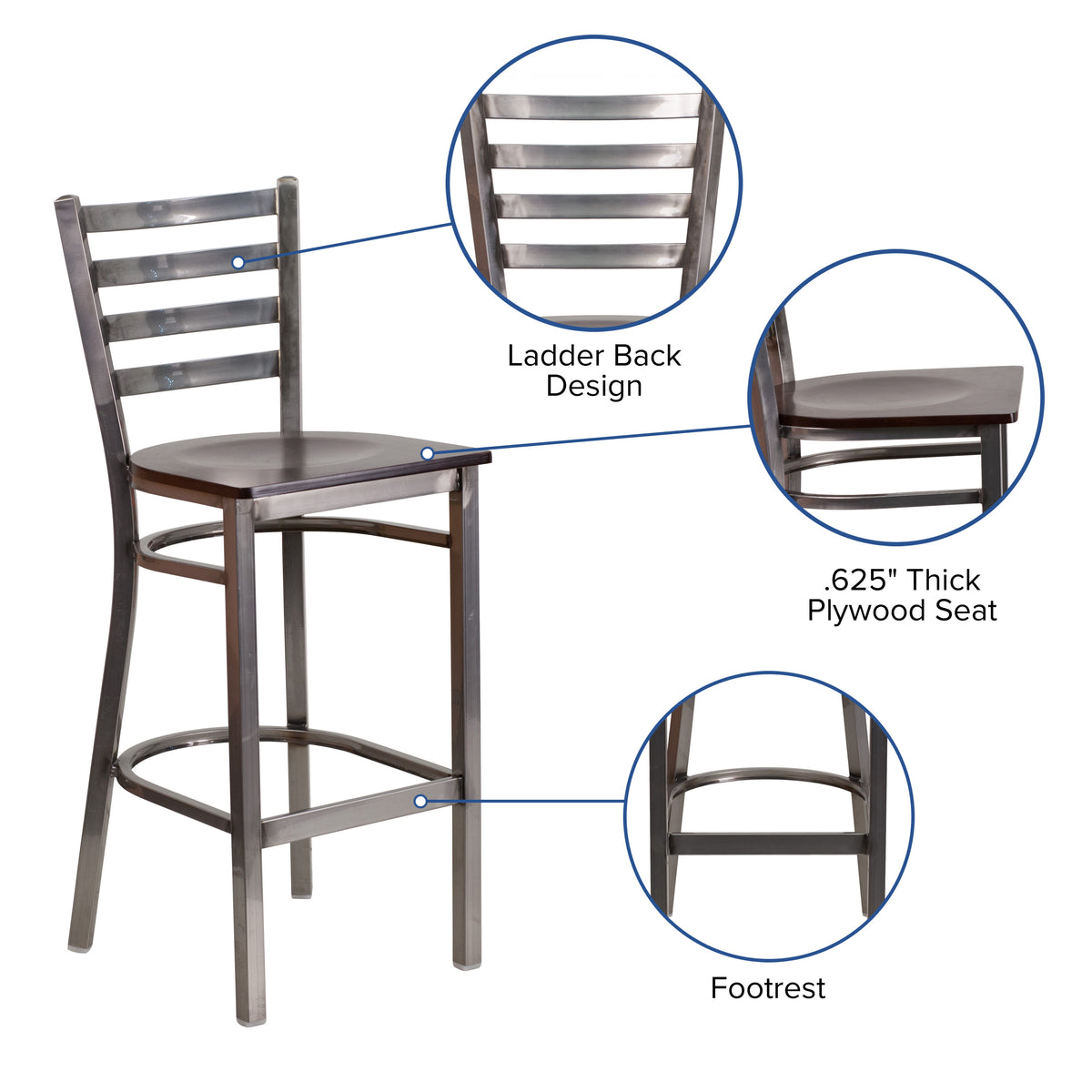 Walnut Wood Seat/Clear Coated Metal Frame |#| Silver Antique Clear Coat Ladder Back Metal Restaurant Barstool-Walnut Wood Seat