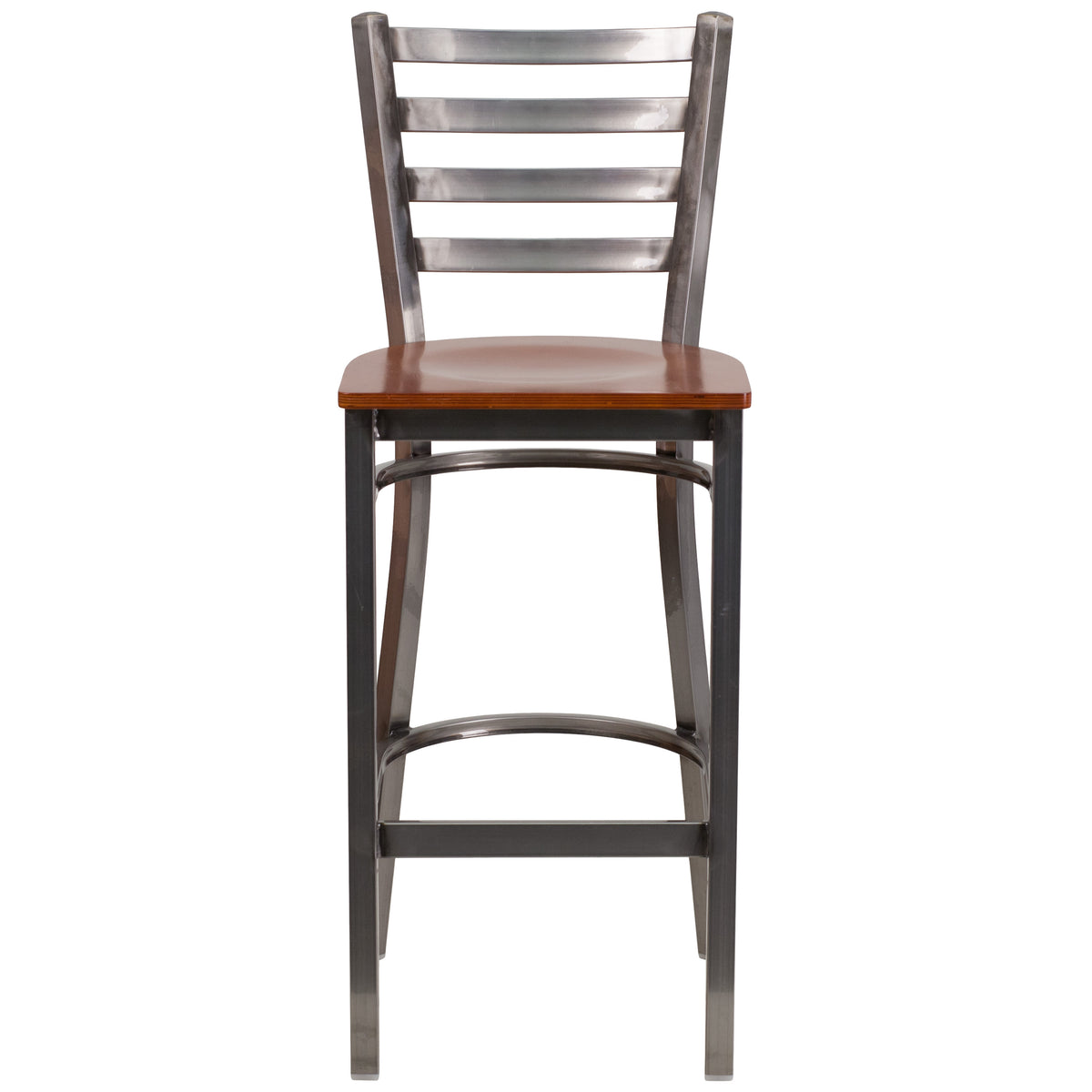 Cherry Wood Seat/Clear Coated Metal Frame |#| Silver Antique Clear Coat Ladder Back Metal Restaurant Barstool-Cherry Wood Seat
