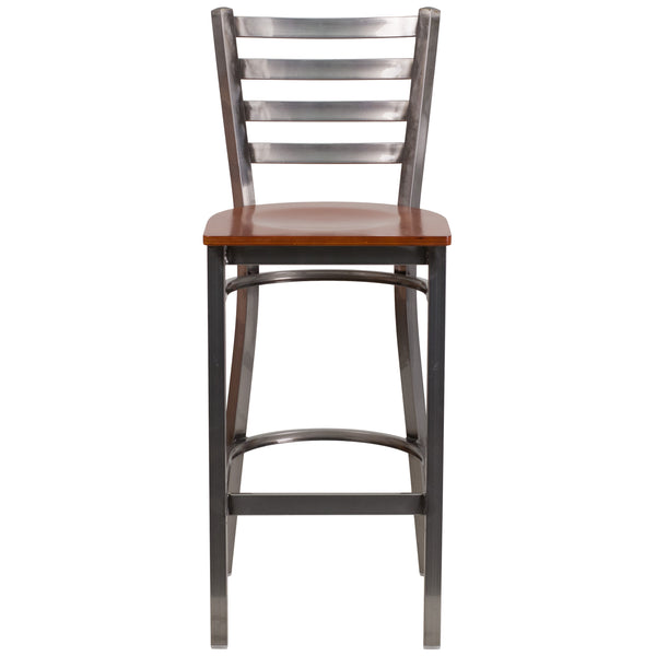 Cherry Wood Seat/Clear Coated Metal Frame |#| Silver Antique Clear Coat Ladder Back Metal Restaurant Barstool-Cherry Wood Seat