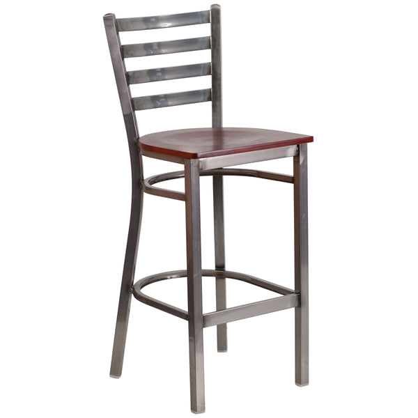 Mahogany Wood Seat/Clear Coated Metal Frame |#| Silver Antique Clear Coat Ladder Back Metal Restaurant Barstool-MAH Wood Seat