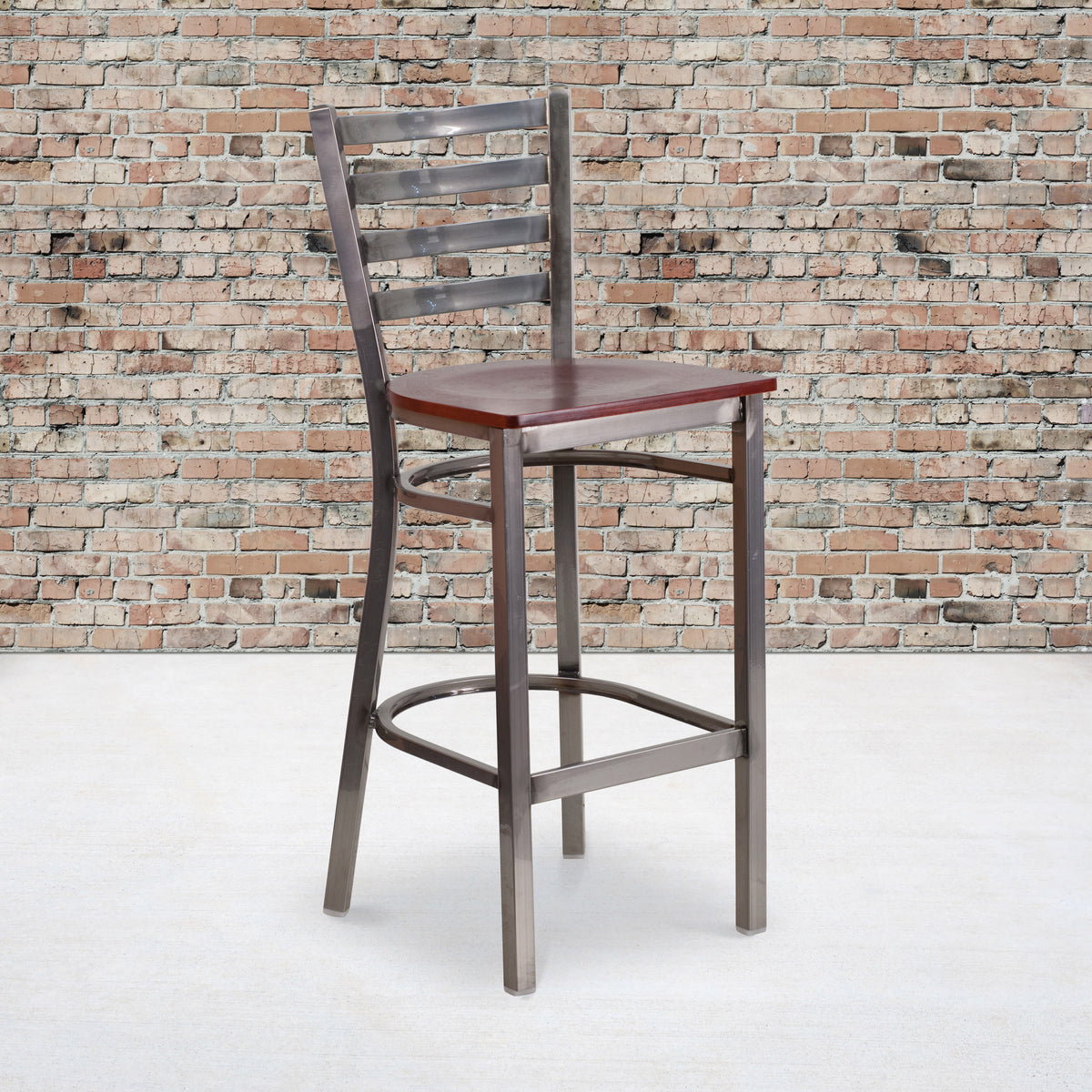 Mahogany Wood Seat/Clear Coated Metal Frame |#| Silver Antique Clear Coat Ladder Back Metal Restaurant Barstool-MAH Wood Seat