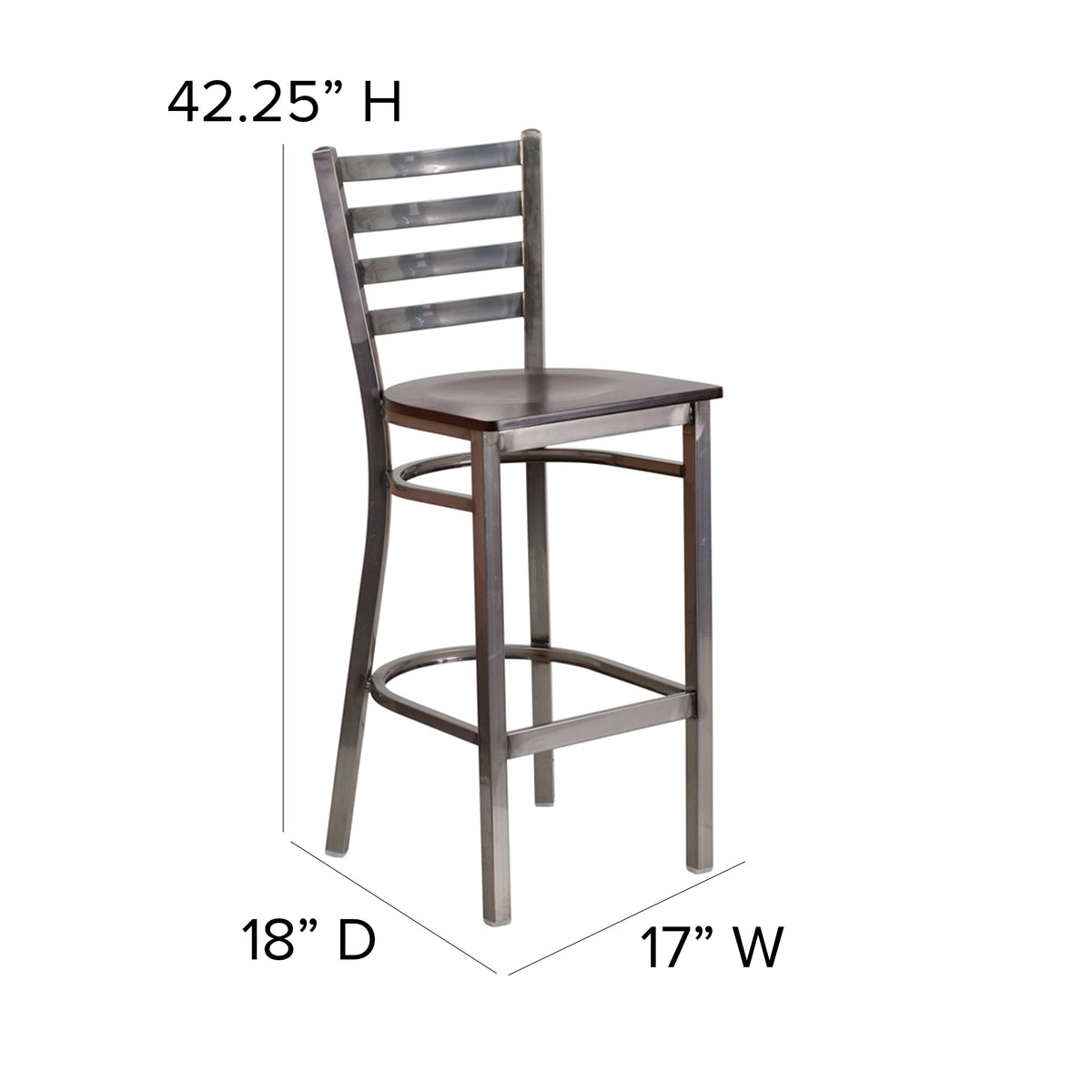 Walnut Wood Seat/Clear Coated Metal Frame |#| Silver Antique Clear Coat Ladder Back Metal Restaurant Barstool-Walnut Wood Seat