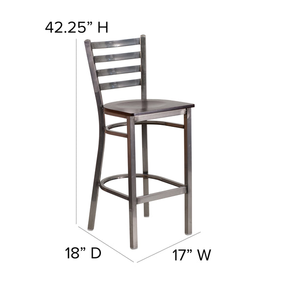 Walnut Wood Seat/Clear Coated Metal Frame |#| Silver Antique Clear Coat Ladder Back Metal Restaurant Barstool-Walnut Wood Seat