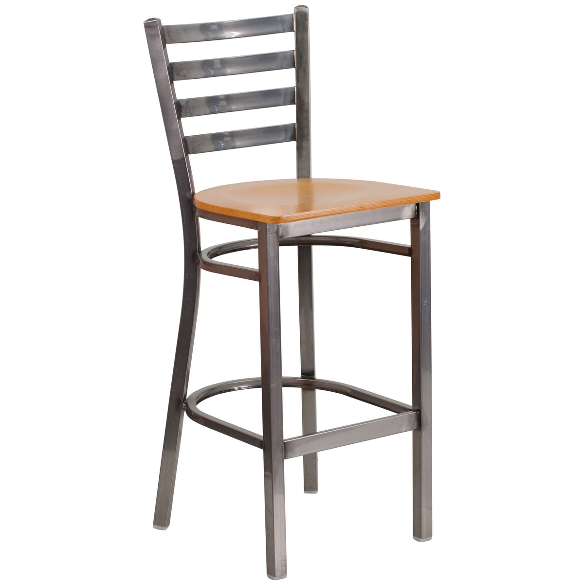 Natural Wood Seat/Clear Coated Metal Frame |#| Silver Antique Clear Coat Ladder Back Metal Restaurant Barstool-NAT Wood Seat
