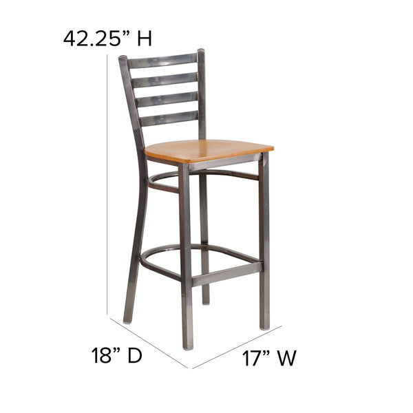 Natural Wood Seat/Clear Coated Metal Frame |#| Silver Antique Clear Coat Ladder Back Metal Restaurant Barstool-NAT Wood Seat