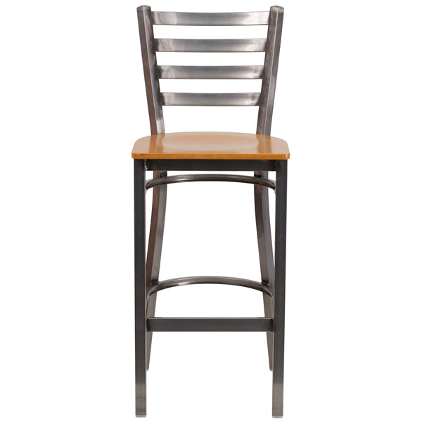 Natural Wood Seat/Clear Coated Metal Frame |#| Silver Antique Clear Coat Ladder Back Metal Restaurant Barstool-NAT Wood Seat