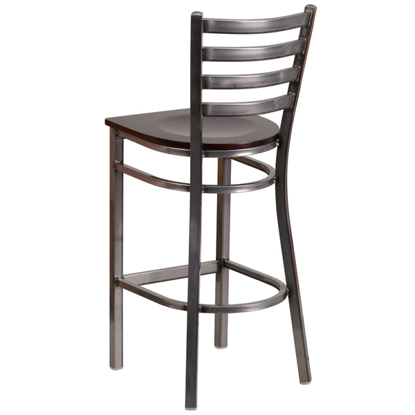 Walnut Wood Seat/Clear Coated Metal Frame |#| Silver Antique Clear Coat Ladder Back Metal Restaurant Barstool-Walnut Wood Seat