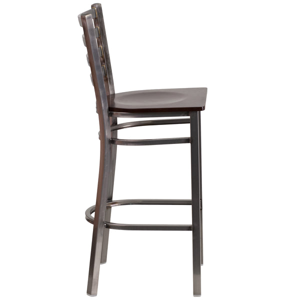 Walnut Wood Seat/Clear Coated Metal Frame |#| Silver Antique Clear Coat Ladder Back Metal Restaurant Barstool-Walnut Wood Seat