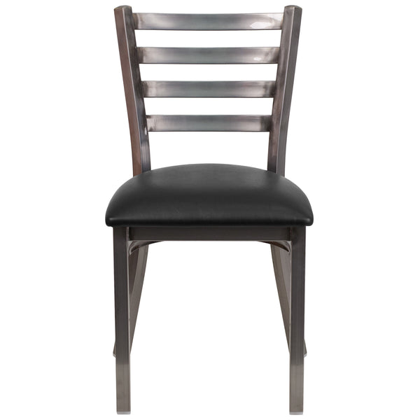 Black Vinyl Seat/Clear Coated Metal Frame |#| Clear Coated Ladder Back Metal Restaurant Chair - Black Vinyl Seat