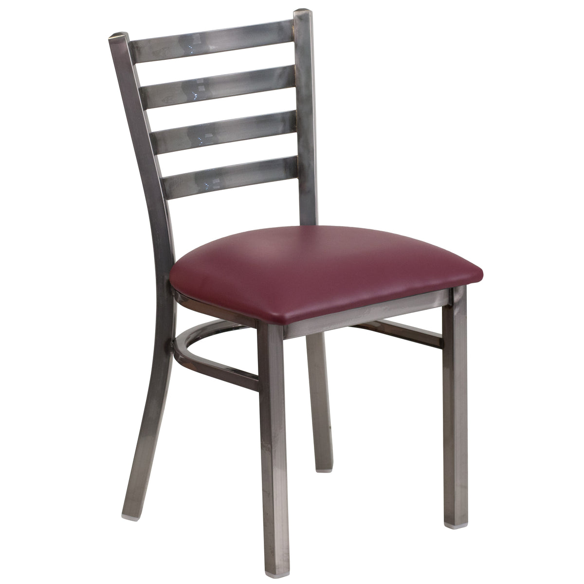 Burgundy Vinyl Seat/Clear Coated Metal Frame |#| Clear Coated Ladder Back Metal Restaurant Chair - Burgundy Vinyl Seat