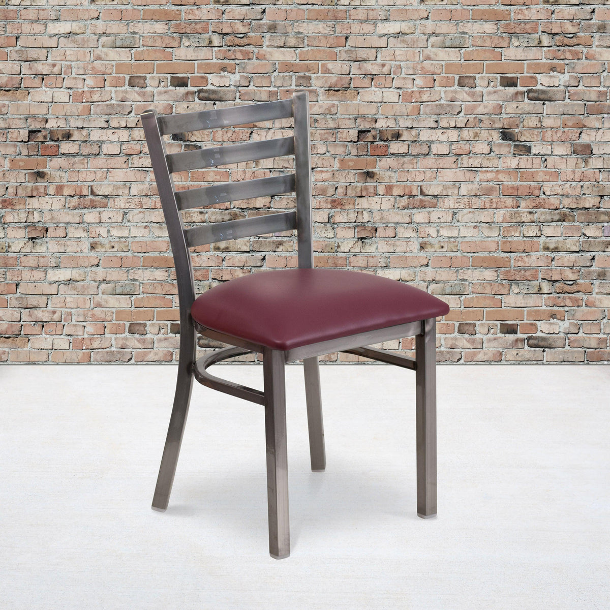 Burgundy Vinyl Seat/Clear Coated Metal Frame |#| Clear Coated Ladder Back Metal Restaurant Chair - Burgundy Vinyl Seat