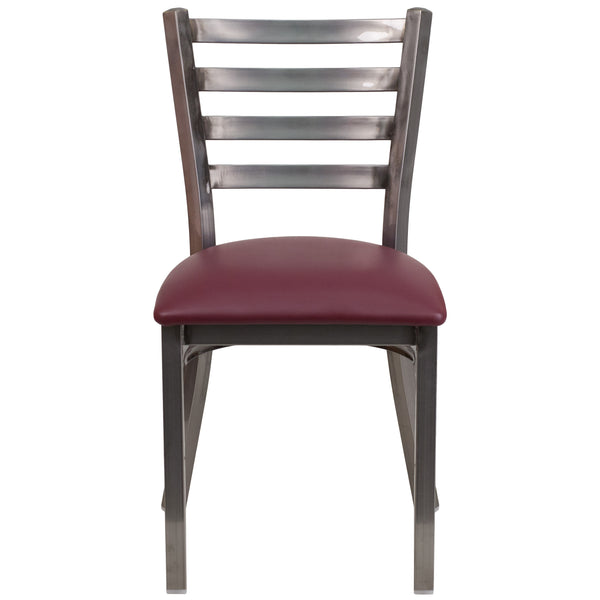 Burgundy Vinyl Seat/Clear Coated Metal Frame |#| Clear Coated Ladder Back Metal Restaurant Chair - Burgundy Vinyl Seat