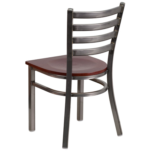 Mahogany Wood Seat/Clear Coated Metal Frame |#| Clear Coated Ladder Back Metal Restaurant Chair - Mahogany Wood Seat