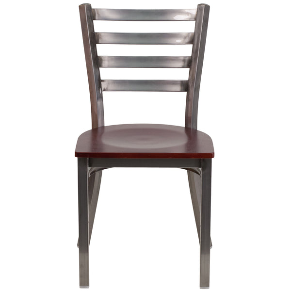 Mahogany Wood Seat/Clear Coated Metal Frame |#| Clear Coated Ladder Back Metal Restaurant Chair - Mahogany Wood Seat
