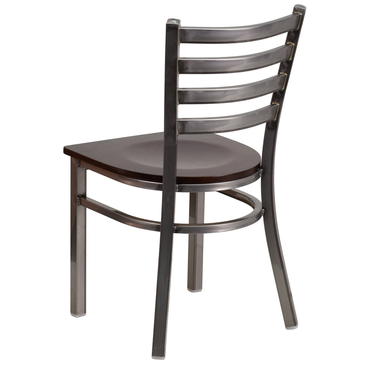 Walnut Wood Seat/Clear Coated Metal Frame |#| Clear Coated Ladder Back Metal Restaurant Chair - Walnut Wood Seat