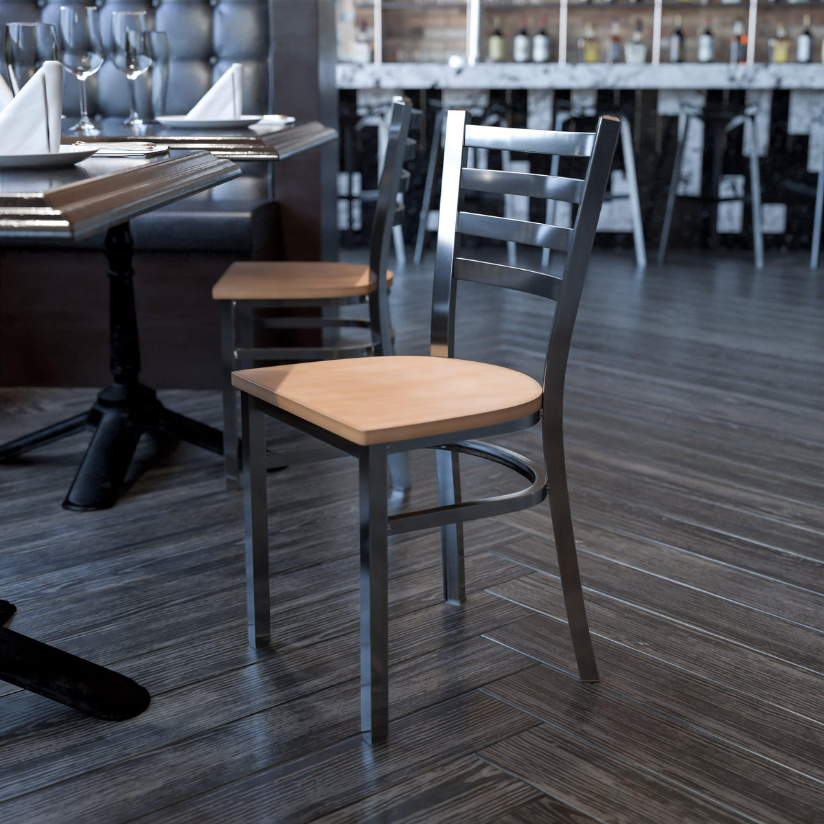 Natural Wood Seat/Clear Coated Metal Frame |#| Clear Coated Ladder Back Metal Restaurant Chair - Natural Wood Seat