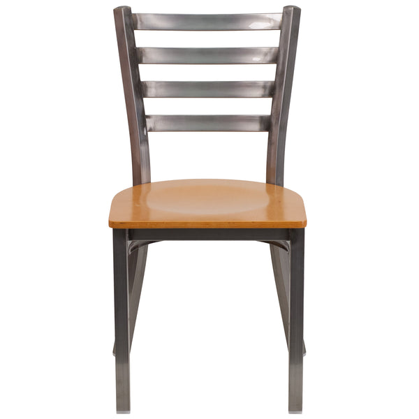 Natural Wood Seat/Clear Coated Metal Frame |#| Clear Coated Ladder Back Metal Restaurant Chair - Natural Wood Seat