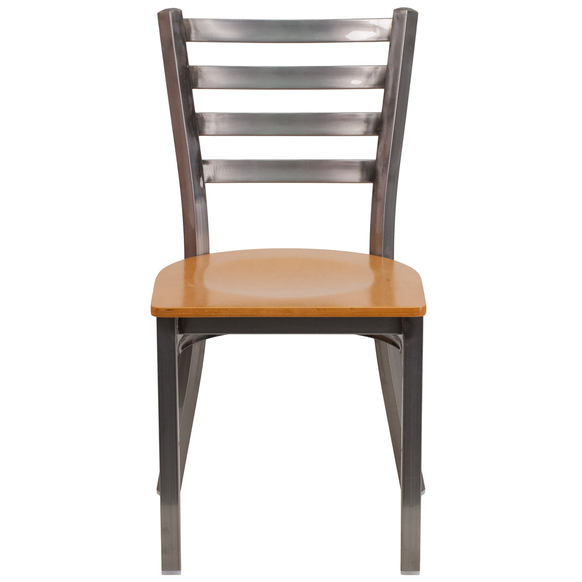 Natural Wood Seat/Clear Coated Metal Frame |#| Clear Coated Ladder Back Metal Restaurant Chair - Natural Wood Seat