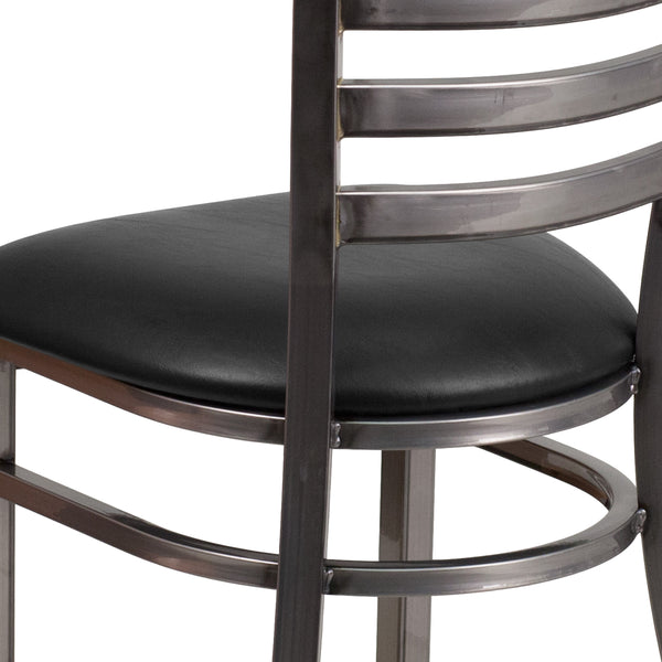 Black Vinyl Seat/Clear Coated Metal Frame |#| Clear Coated Ladder Back Metal Restaurant Chair - Black Vinyl Seat