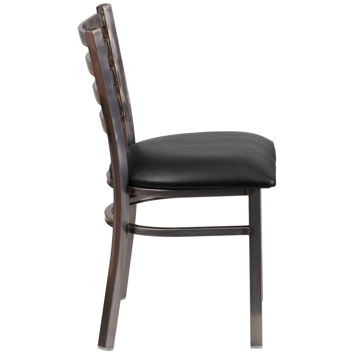 Black Vinyl Seat/Clear Coated Metal Frame |#| Clear Coated Ladder Back Metal Restaurant Chair - Black Vinyl Seat