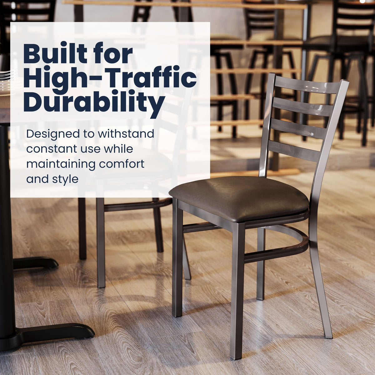 Mocha Vinyl Seat/Silver Antique Metal Frame |#| Commercial Silver Ladder Back Restaurant Chair with Mocha Vinyl Seat