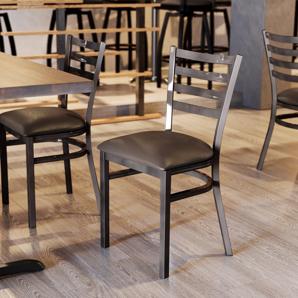 Mocha Vinyl Seat/Silver Antique Metal Frame |#| Commercial Silver Ladder Back Restaurant Chair with Mocha Vinyl Seat