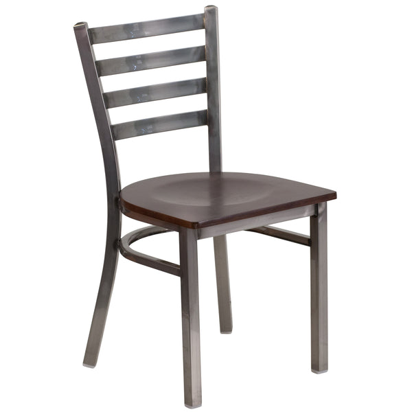 Walnut Wood Seat/Clear Coated Metal Frame |#| Silver Antique Clear Coat Ladder Back Metal Restaurant Chair-Walnut Wood Seat