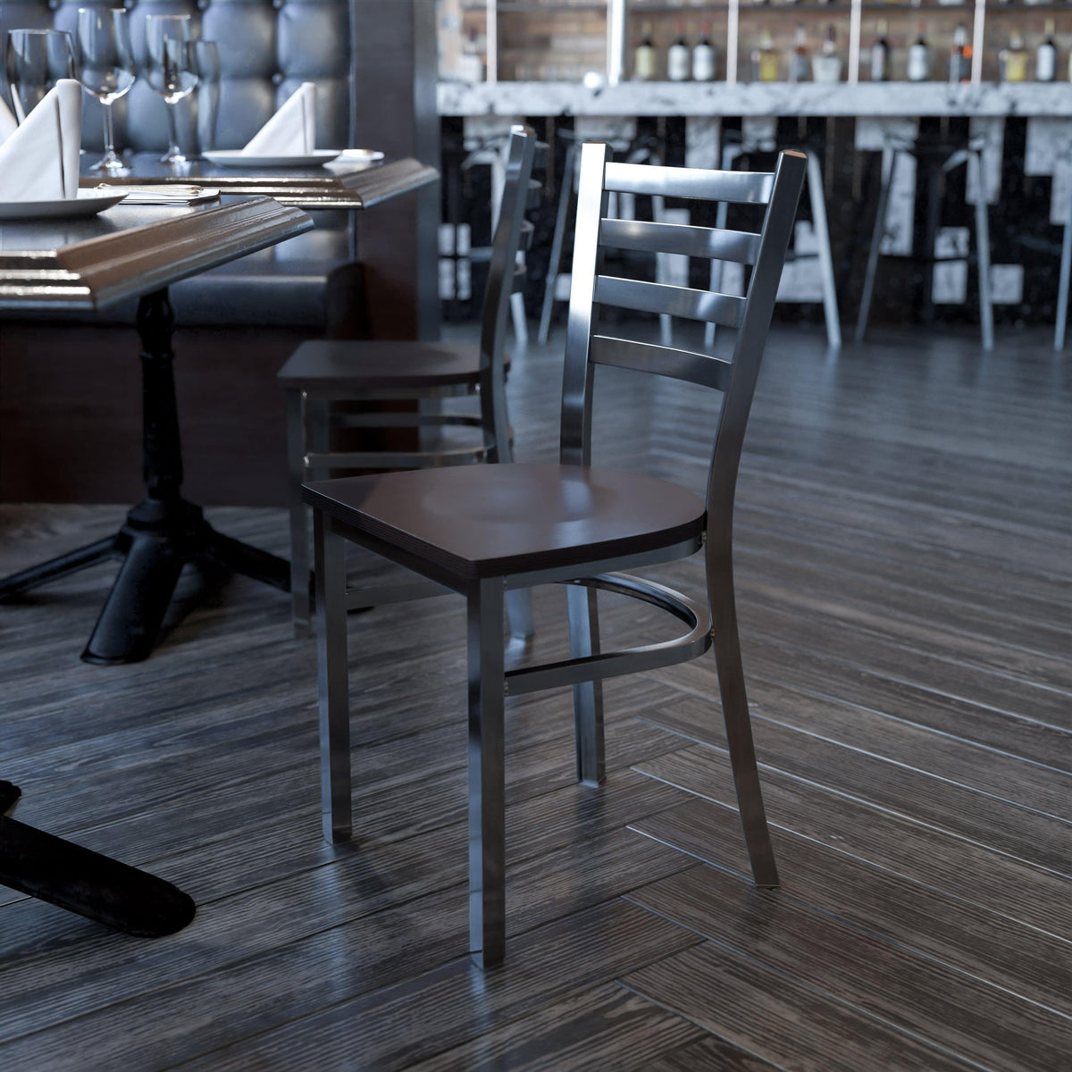 Walnut Wood Seat/Clear Coated Metal Frame |#| Silver Antique Clear Coat Ladder Back Metal Restaurant Chair-Walnut Wood Seat