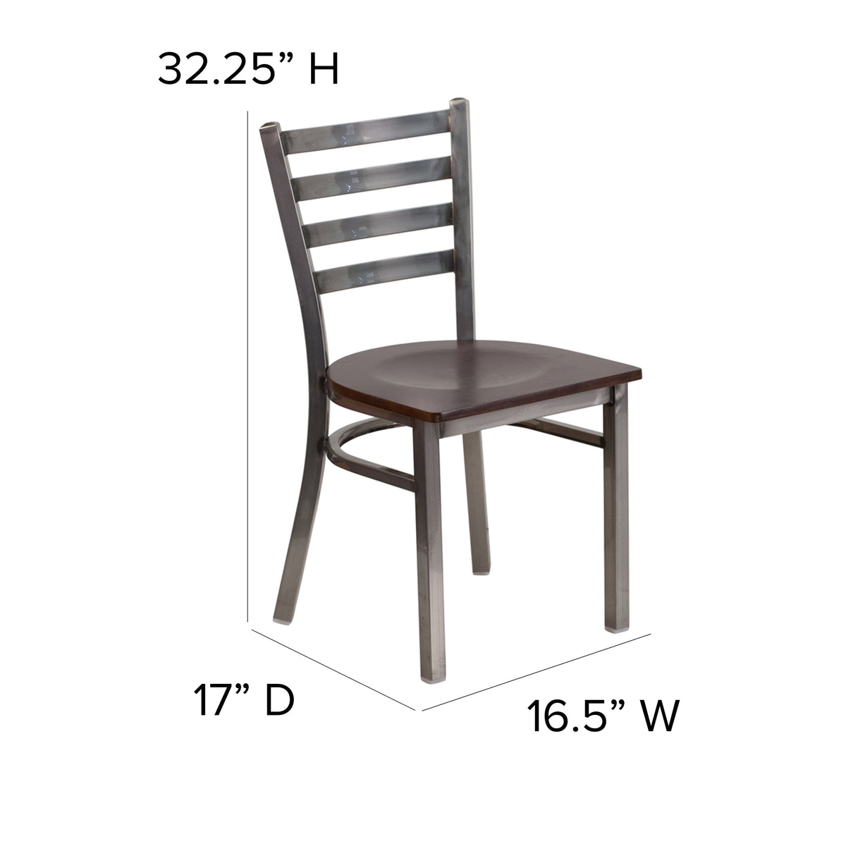 Walnut Wood Seat/Clear Coated Metal Frame |#| Silver Antique Clear Coat Ladder Back Metal Restaurant Chair-Walnut Wood Seat