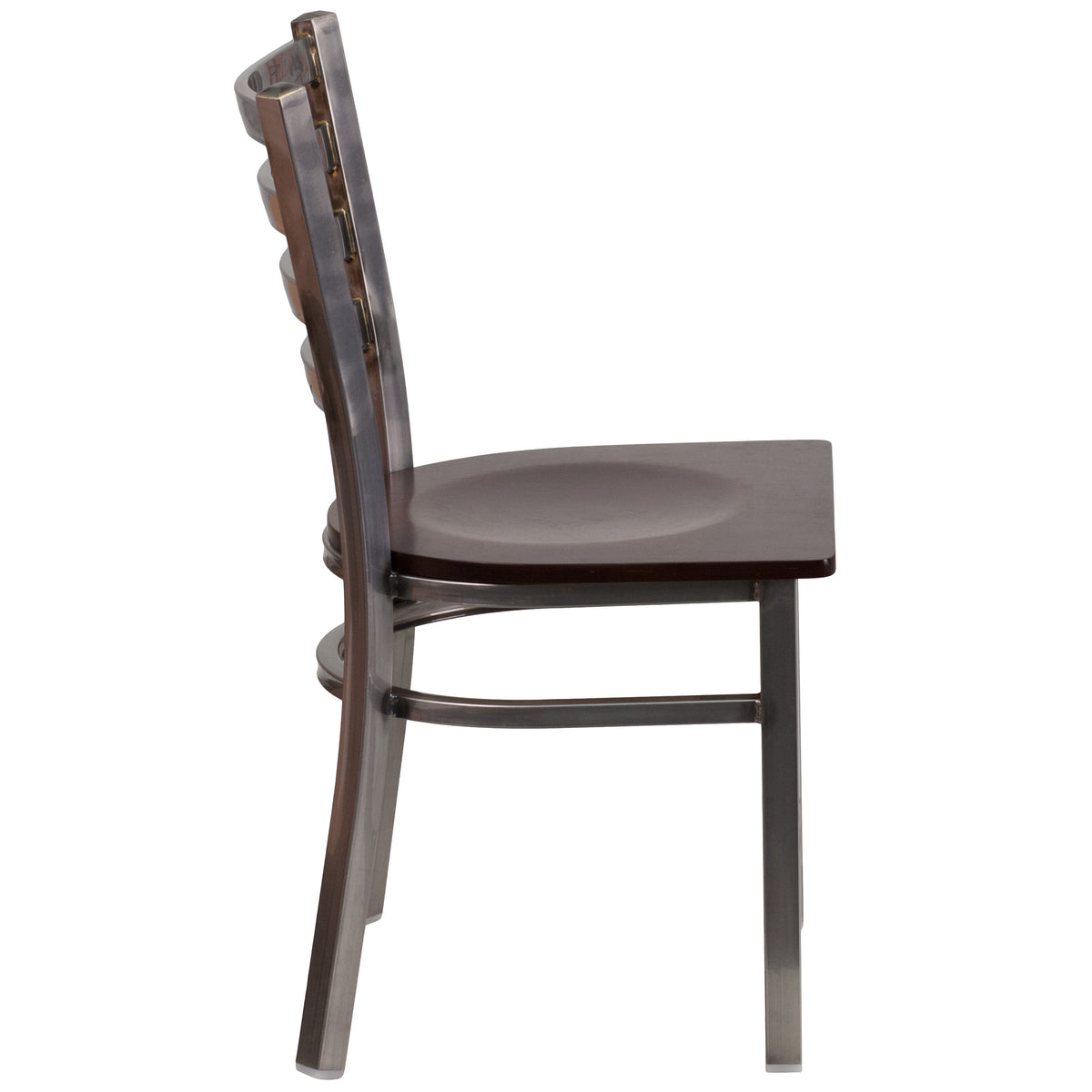 Walnut Wood Seat/Clear Coated Metal Frame |#| Silver Antique Clear Coat Ladder Back Metal Restaurant Chair-Walnut Wood Seat