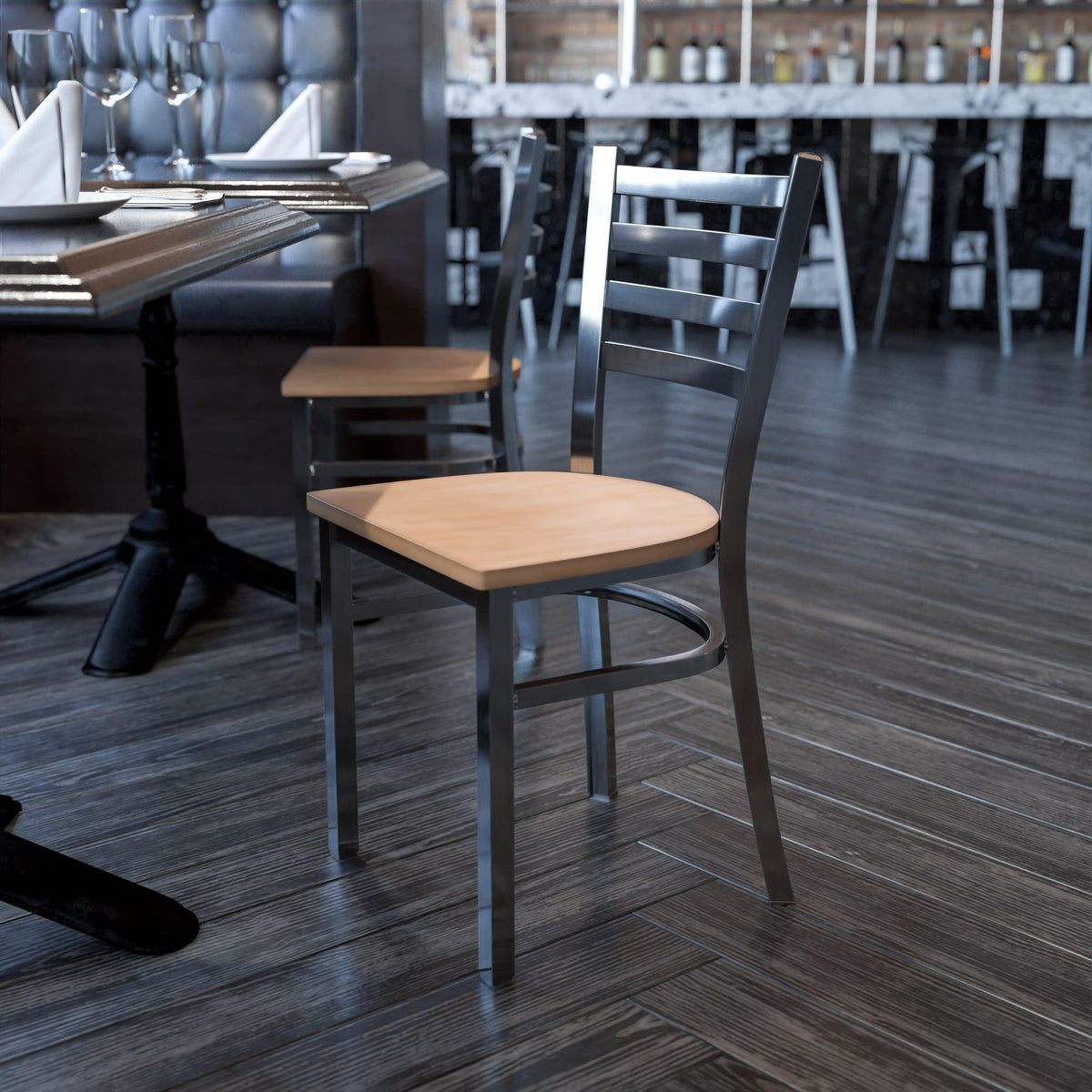 Natural Wood Seat/Clear Coated Metal Frame |#| Silver Antique Clear Coat Ladder Back Metal Restaurant Chair-Natural Wood Seat