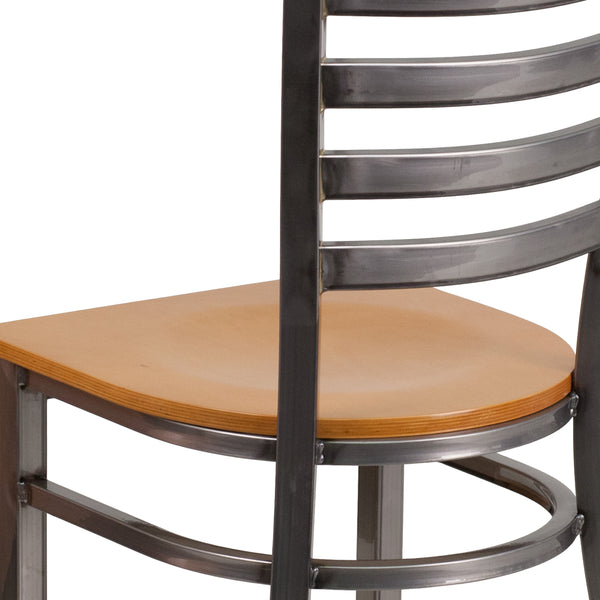 Natural Wood Seat/Clear Coated Metal Frame |#| Silver Antique Clear Coat Ladder Back Metal Restaurant Chair-Natural Wood Seat
