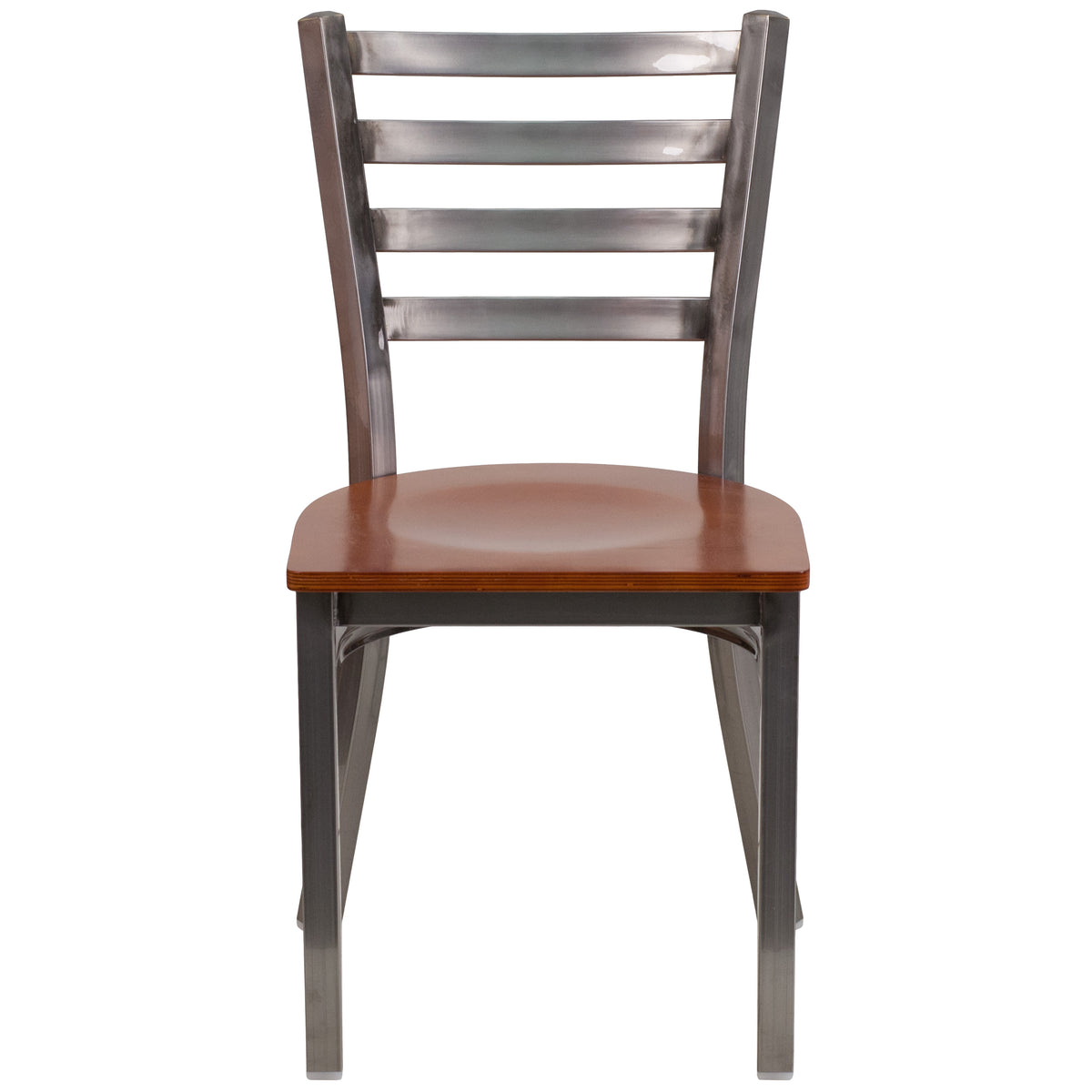 Cherry Wood Seat/Clear Coated Metal Frame |#| Silver Antique Clear Coat Ladder Back Metal Restaurant Chair-Cherry Wood Seat