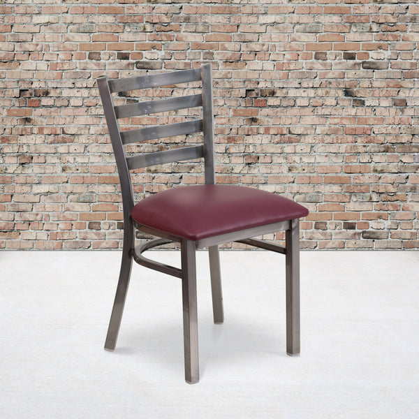 Burgundy Vinyl Seat/Clear Coated Metal Frame |#| Silver Antique Clear Coat Ladder Back Metal Restaurant Chair-Burgundy Vinyl Seat