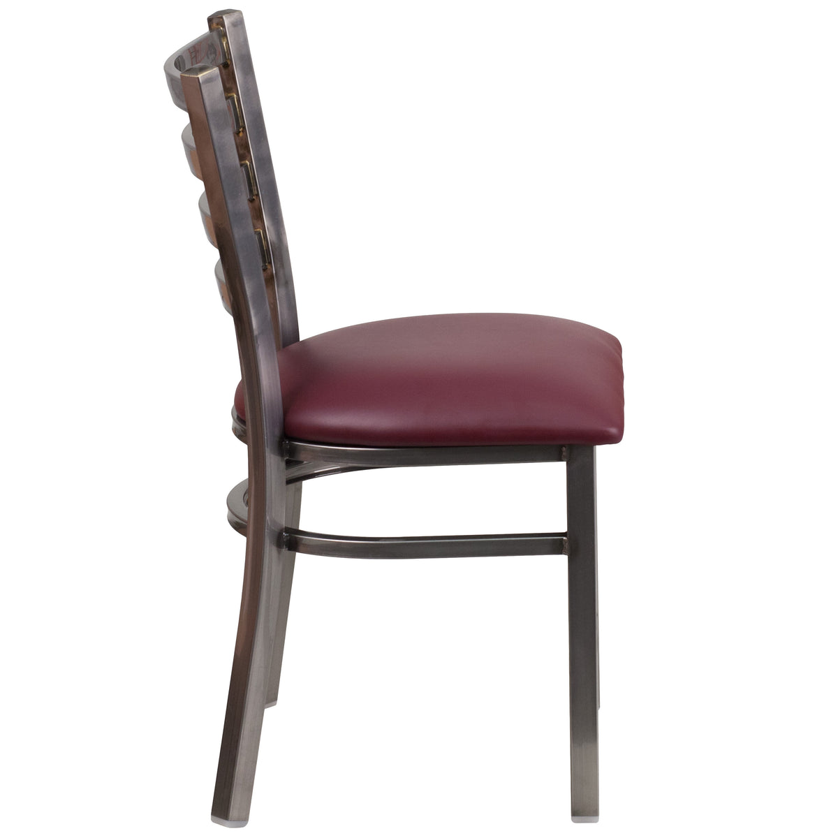 Burgundy Vinyl Seat/Clear Coated Metal Frame |#| Silver Antique Clear Coat Ladder Back Metal Restaurant Chair-Burgundy Vinyl Seat
