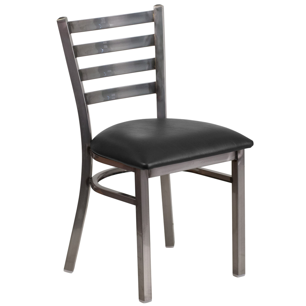 Black Vinyl Seat/Clear Coated Metal Frame |#| Silver Antique Clear Coat Ladder Back Metal Restaurant Chair-Black Vinyl Seat