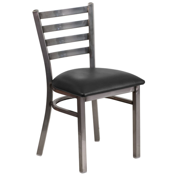 Black Vinyl Seat/Clear Coated Metal Frame |#| Silver Antique Clear Coat Ladder Back Metal Restaurant Chair-Black Vinyl Seat