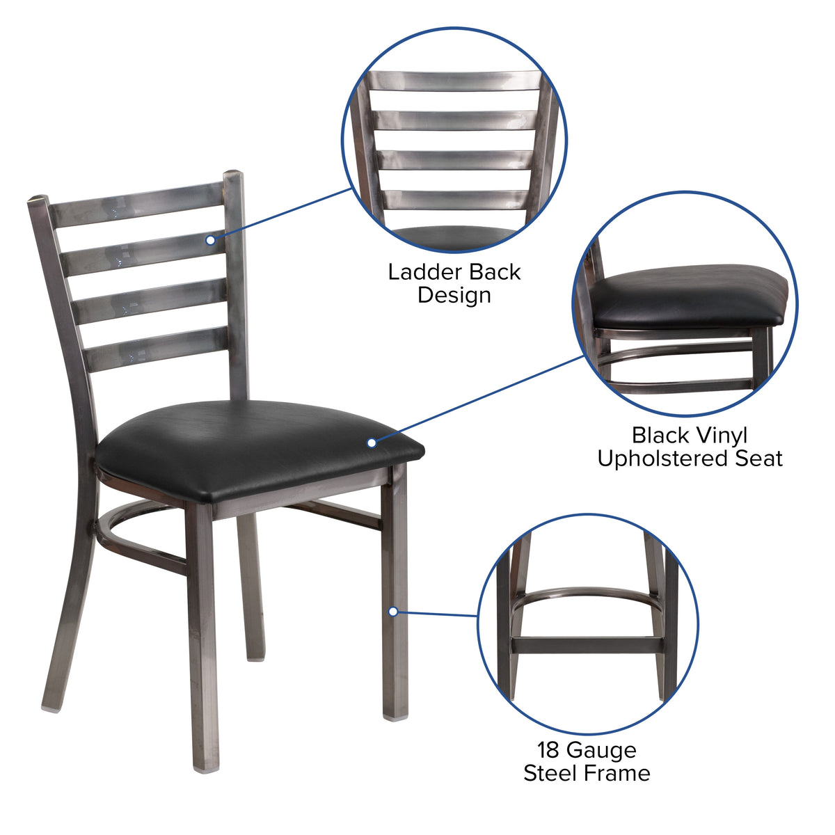 Black Vinyl Seat/Clear Coated Metal Frame |#| Silver Antique Clear Coat Ladder Back Metal Restaurant Chair-Black Vinyl Seat