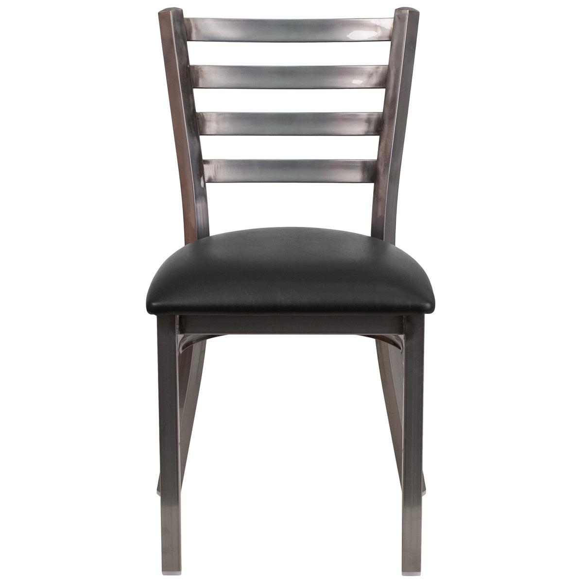 Black Vinyl Seat/Clear Coated Metal Frame |#| Silver Antique Clear Coat Ladder Back Metal Restaurant Chair-Black Vinyl Seat