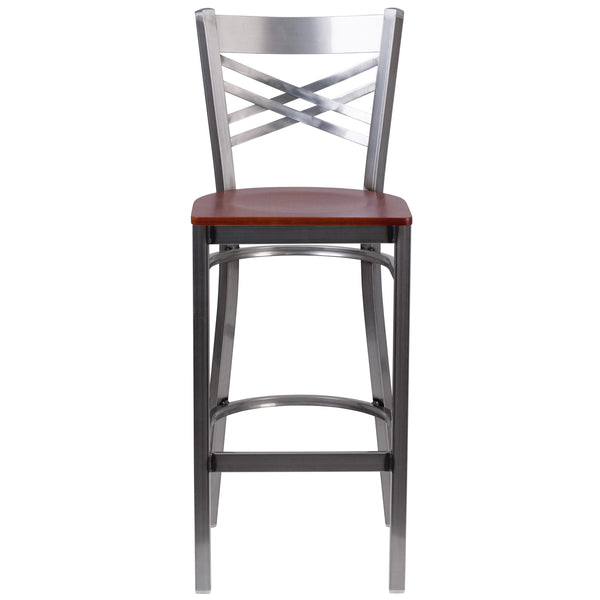 Cherry Wood Seat/Clear Coated Metal Frame |#| Clear Coated inchXinch Back Metal Restaurant Barstool - Cherry Wood Seat