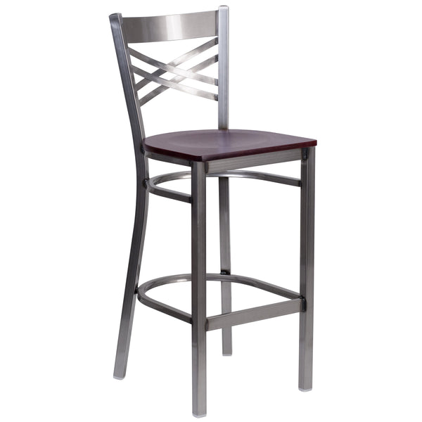 Mahogany Wood Seat/Clear Coated Metal Frame |#| Clear Coated "X" Back Metal Restaurant Barstool - Mahogany Wood Seat