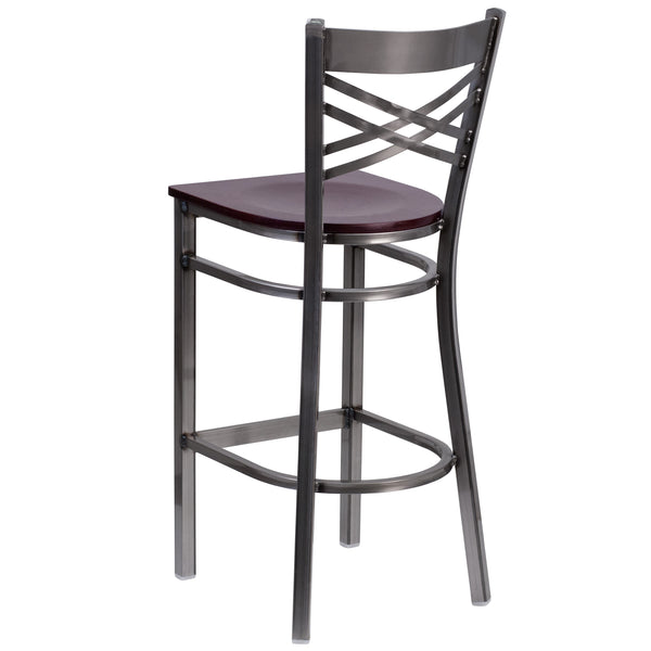 Mahogany Wood Seat/Clear Coated Metal Frame |#| Clear Coated "X" Back Metal Restaurant Barstool - Mahogany Wood Seat