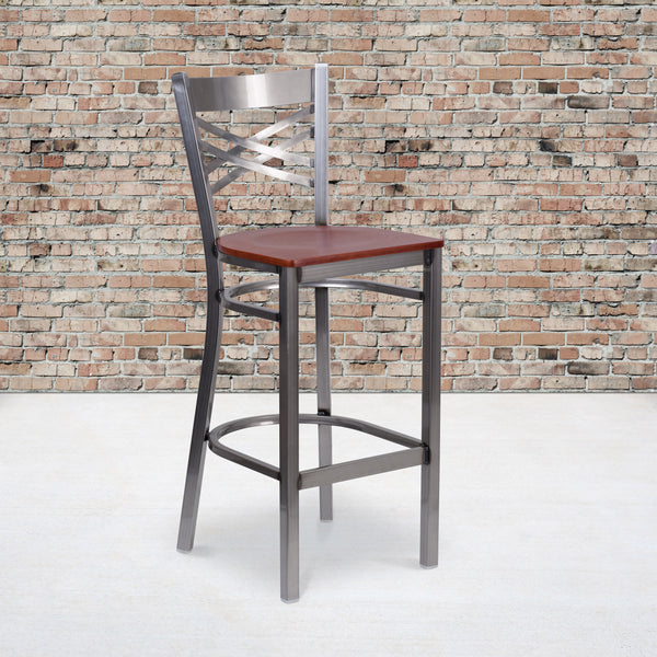 Cherry Wood Seat/Clear Coated Metal Frame |#| Clear Coated "X" Back Metal Restaurant Barstool - Cherry Wood Seat